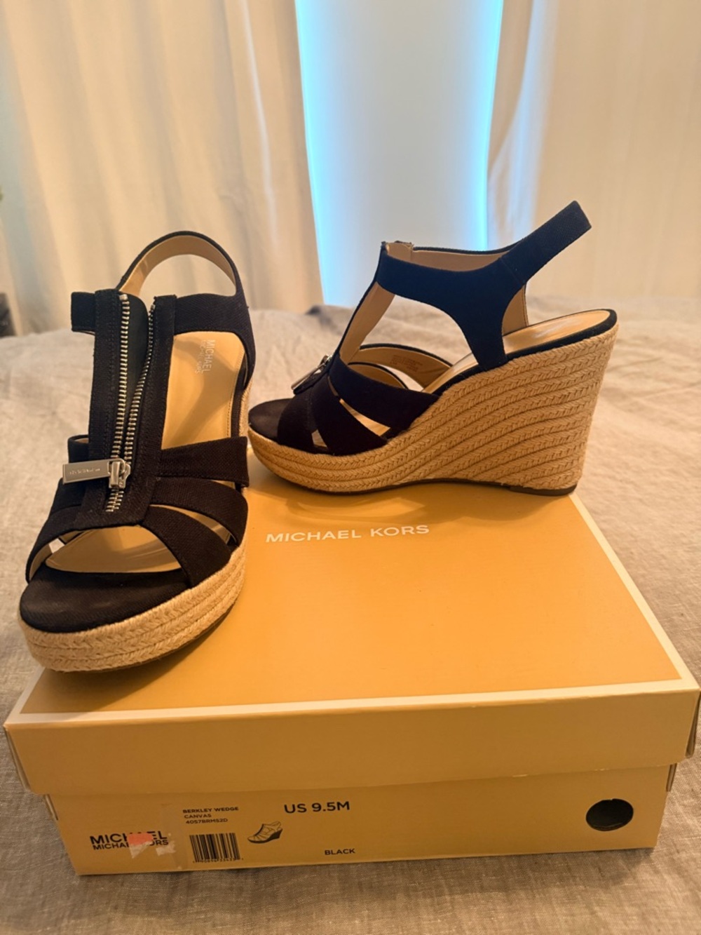 Michael Kors Black Espadrille Wedge Sandals with Front Zip